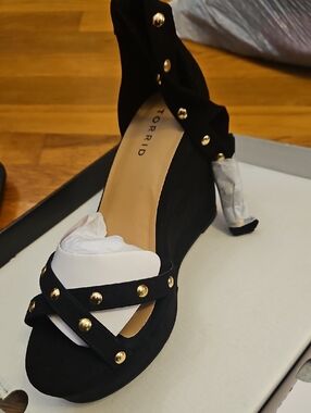 torrid Black Studded Ankle-Wrap Heeled Sandal with Gold Accents